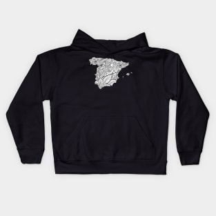 Mandala art map of Spain with text in white Kids Hoodie